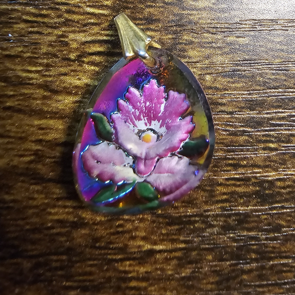 Gold Tone Floral Intaglio Glass Reverse Painted Dangle Vintage Pendant